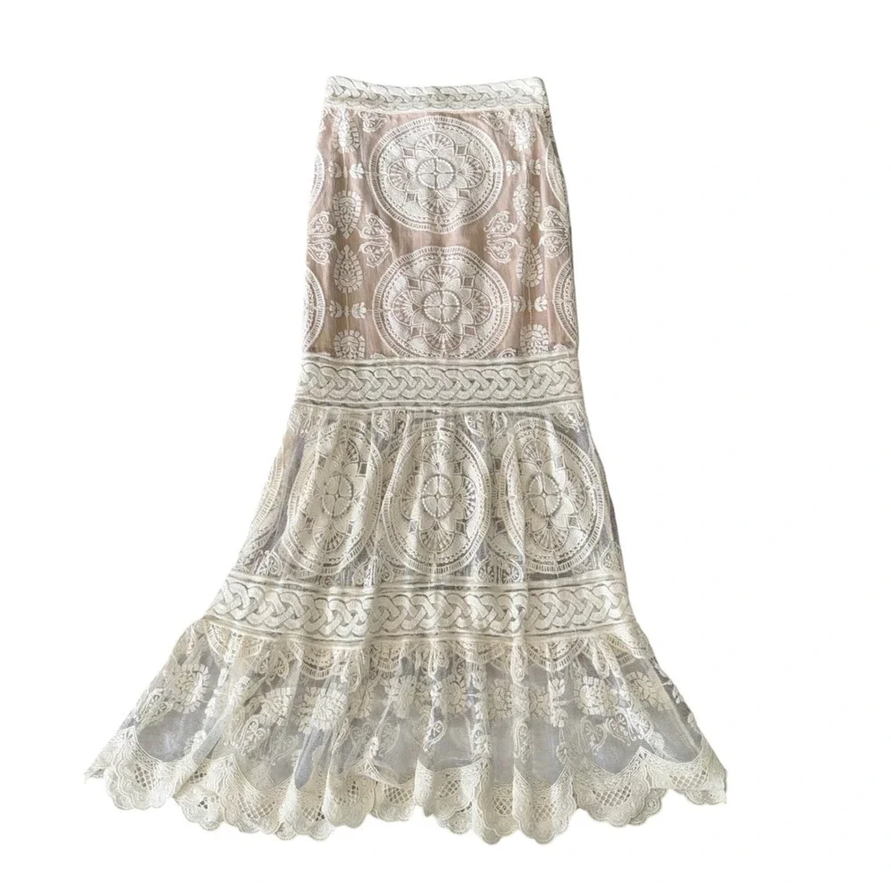 Jen's Pirate‎ Booty Lace Maxi Skirt & Top Set Women XS White Nude Excellent Boho